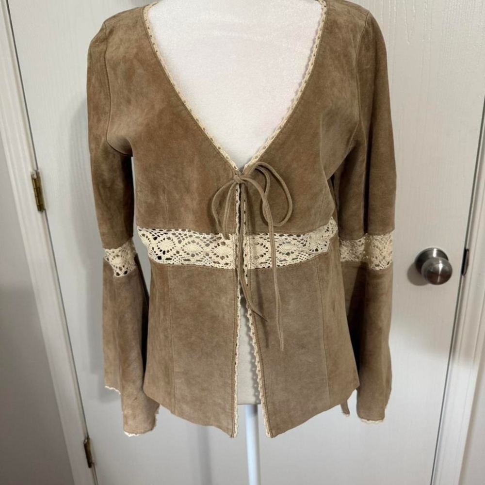 Arden B Y2K Genuine Leather Suede Bell Sleeve Jacket Hippie Boho Medium Lace Hem